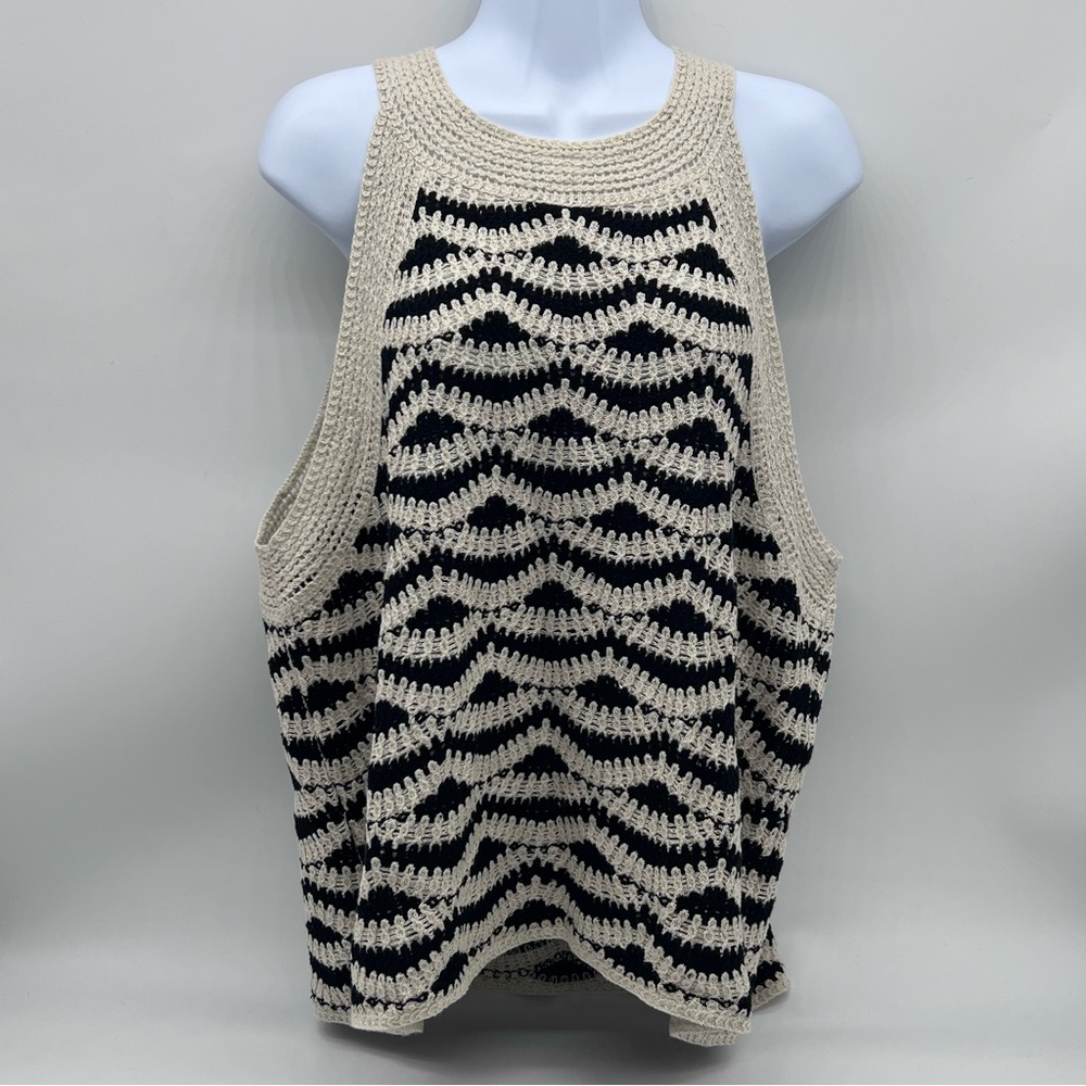 LOFT Black and Cream 100% Cotton Summer Weight Knit Tank Top-Size XL
